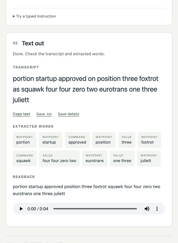 Crop of a saved screenshot of the app: the transcript 'portion startup approved on position three foxtrot as squawk four four zero two eurotrans one three juliett', and below it the words it extracted, each with a label.